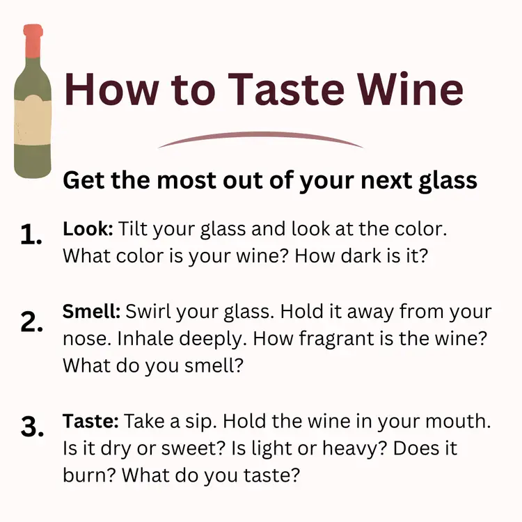 how to taste wine properly - tasting steps infographic