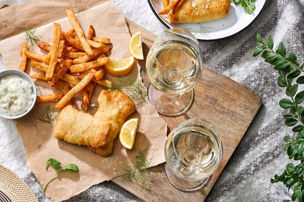 chablis wine - fish and chips