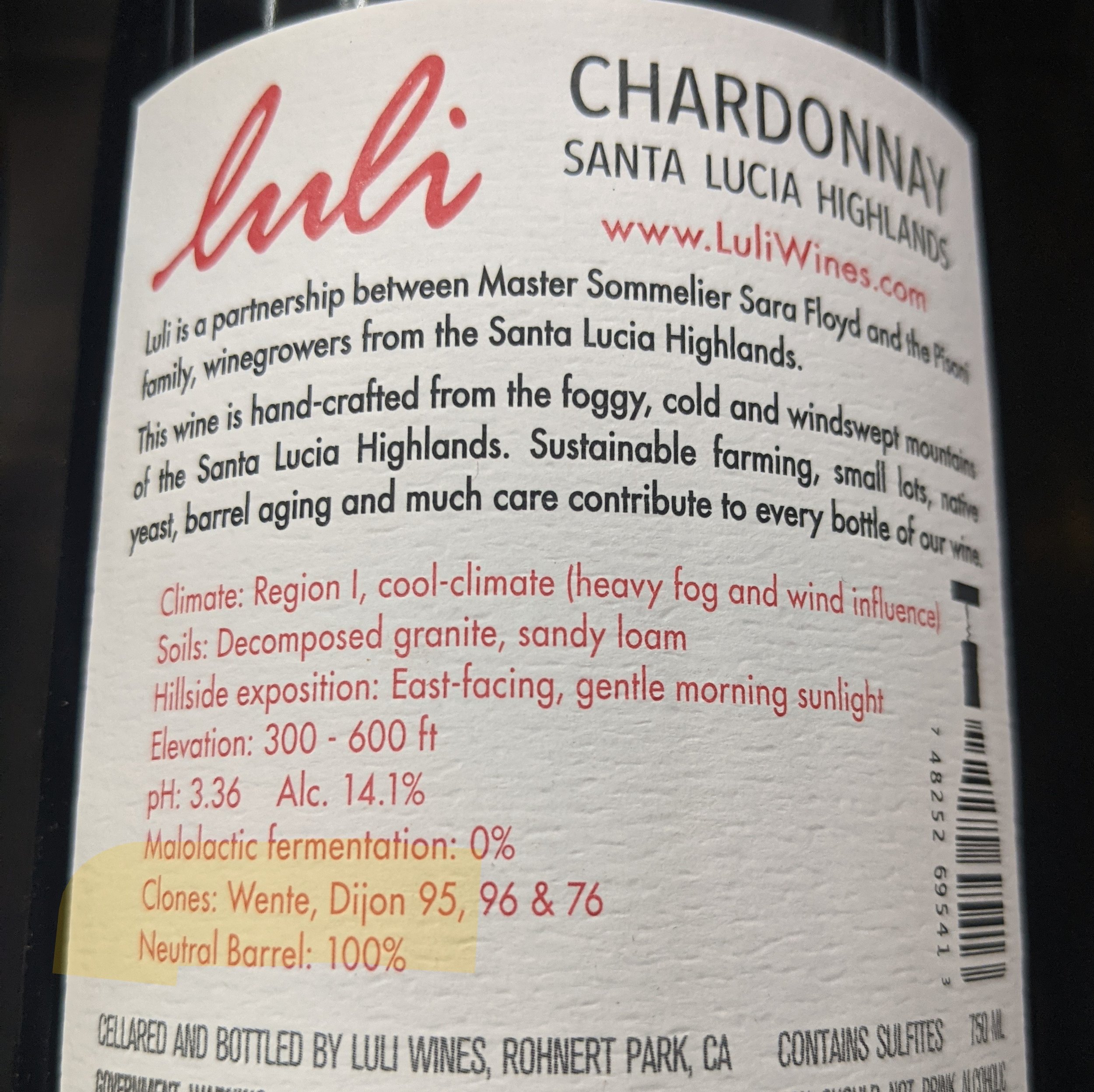 chardonnay wine facts - luli Chardonnay wine lable - wente clone