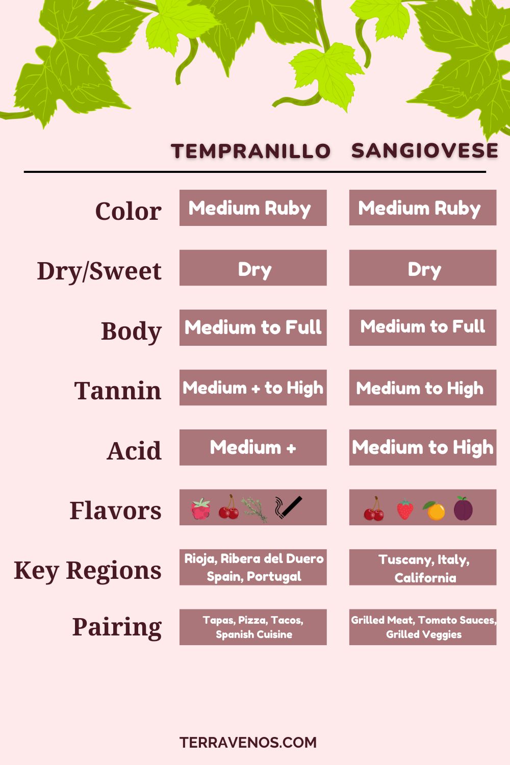 Tempranillo vs sangiovese - infographic - side-by-side-wine comparison